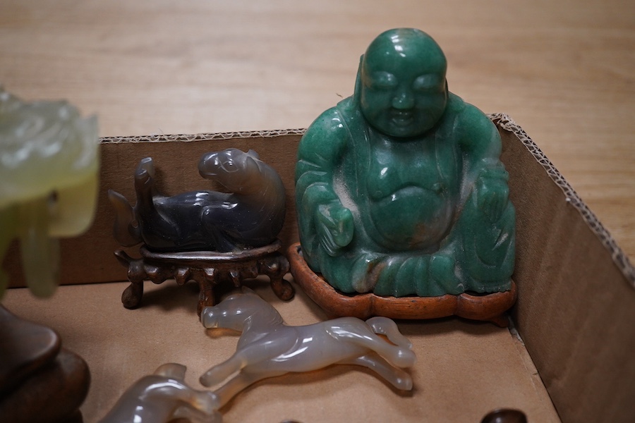 A group of Chinese and jadeite hardstone carvings to include seated figure of Buddha and twin handled censer on hardwood stand, largest 19cm high. Condition - fair to good